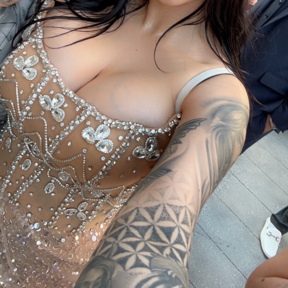 High End Gorgeous Crystal Champagne Side Slit Dress - Picture 7 of 7
